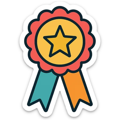 vector icon of a top category award badge with gold and colorful elements, elegant and minimalist flat design, 2D flat vector, trending icon look, soft shadows, isolated on white background, no text, perfect for commercial use sticker