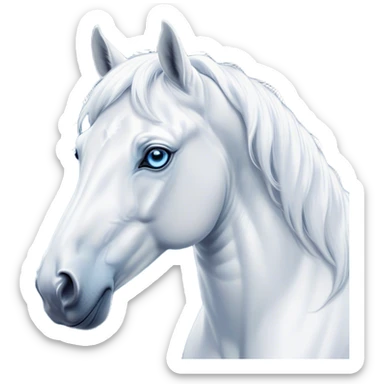 Cinematic Noble White Horse Portrait Emoji, Poised and regal, with a strong, athletic build and a pristine, well-groomed pure white fur, deep-set soulful blue eyes, Simplified yet sharp and sophisticated features, highly detailed, glowing with a soft, dignified glow, high shine, intelligent and majestic, stylized with an air of ethereal grace, focused and attentive, soft glowing outline, capturing the essence of a watchful and confident steed, so majestic it feels as though it could gallop out of the screen with effortless authority! sticker