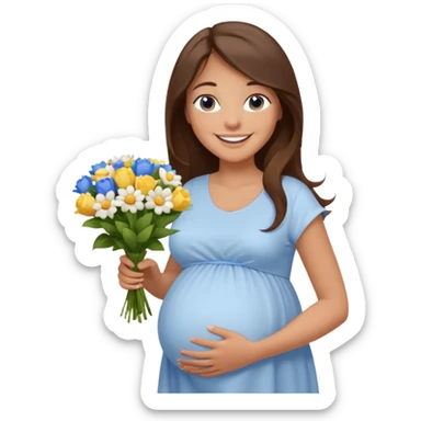 Create a cute emoji-style illustration of a young brunette woman with long brown hair, blue eyes, and a happy smile. She is pregnant, shown with a visible baby bump, wearing a simple white dress and holding a small bouquet of flowers. She looks excited and joyful, as if she's about to marry soon. sticker