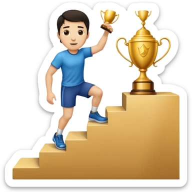 UN HOMBRE DE PIEL CLARA Y PELO OSCURO SUBIENDO ESCALERAS PARA ALCANZAR UN TROFEO QUE ESTA EN EL ULTIMO ESCALON sticker