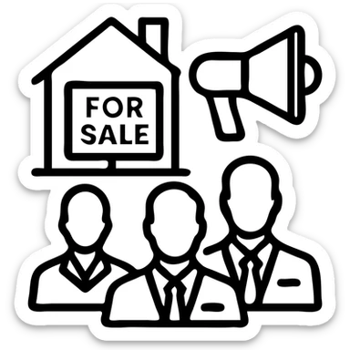 Ícono de real estate que refleje que tenemos un Marketing de lujo con Ejecución impecable, ya que las propiedades de nuestros clientes no solo se publican, sino que se les hace promoción activamente. Nuestro equipo especializado es experto en vender propiedades como lo hacen las marcas de lujo: con estrategia, estética y storytelling. sticker