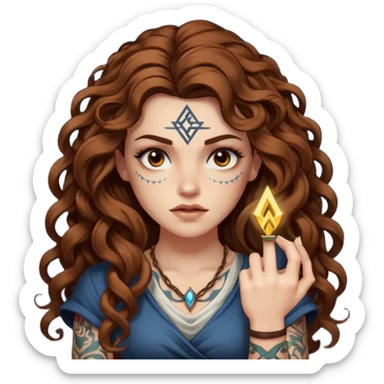 woman with long curly brown hair, brown eyes, white skin, tattoos, raising one eyebrow as a rune lights up “obvious” sticker