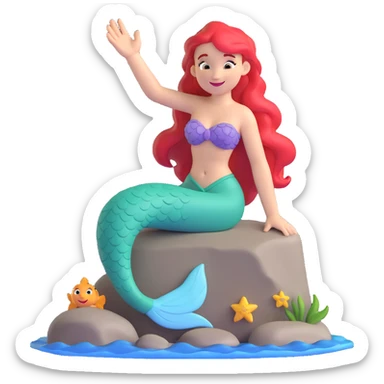 the little mermaid sitting on a rock, waving her hand to the viewer, smiling sticker