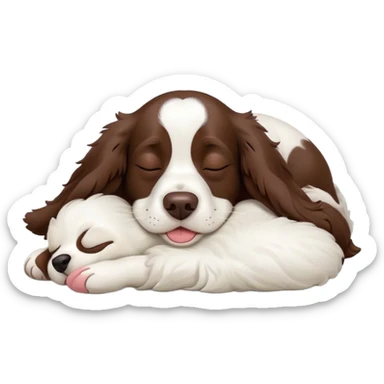 Meme-Worthy Cute Sleeping Springer Spaniel Portrait Emoji, Head resting peacefully with a contented smile, showcasing a delightfully agile build and a luxuriously soft liver and white Fur, eyes shut in a serene nap, Simplified yet hilariously adorable features, highly detailed, glowing with a soft, drowsy light, high shine, relaxed and utterly lovable, stylized with an air of playful laziness, bright and heartwarming, soft glowing outline, capturing the essence of a comically sleepy companion, so meme-worthy it feels like it could instantly become the next viral sensation of adorable slumber! sticker