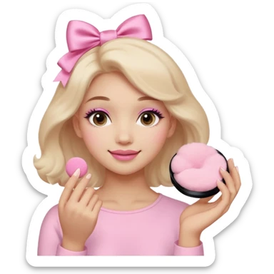 female face, light skin tone, small simple closed smile. One hand visible holding a round fluffy pink makeup powder puff pressed to the cheek; the puff has a small satin bow. sticker