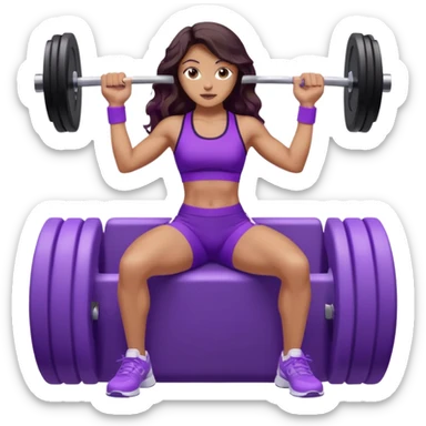 mujer de tez trigueña, con cabello castaño oscuro ondulado hasta la cadera estilizado, con ropa deportiva morada/lila, tenis blancos deportivos y levantando una pesa sticker