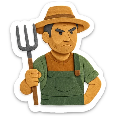 paper craft style illustration of a determined middle-aged farmer, sun-bleached face, black hair, stubble, green trousers, suspenders, green T-shirt, straw hat, holding pitchfork, warm golden-brown textured background, bold lines, vibrant earth tones, rural America sticker