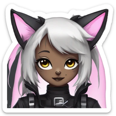 Gorgeous furry dark cyberpunk techwear anime style anthro black cat fursona with blushing face aesthetic and pretty edgy black with collar and harness trending style sticker