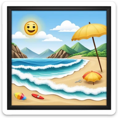scene emoji beach, parasol, wave, eco-friendly habitat, mountains in background sticker