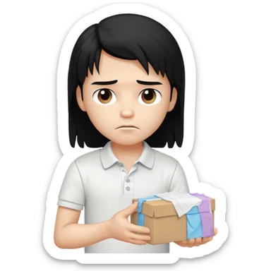 generate a pretty bratz boy with long black hair, wearing a white polo shirt. Looking sad, holding a box of tissues in right hand sticker