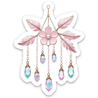Hanging Iridescent pastel pink sakura crystals white-pearly suncatcher with bells and feathers sticker
