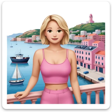 jennifer lawrence, pink crop top leaning on a balcony with a harbor and cityscape in the background, smiling sticker