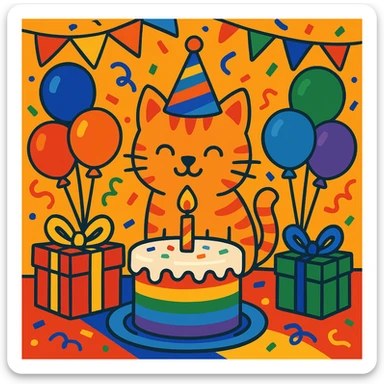 birthday party scene with rainbow balloons, multicolored decorations, confetti, large rainbow birthday cake, gifts, festive atmosphere, featuring a ginger tabby kitten wearing a birthday hat as the main character sticker
