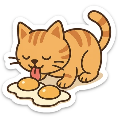 flat cartoon style cat licking eggs sticker