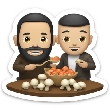 Bald bearded white man and wavy black haired Asian man eating mushrooms sticker