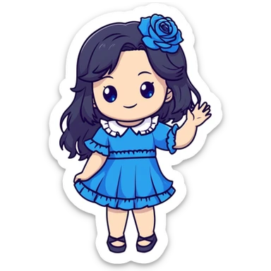 cute chibi girl with long dark hair, blue rose in hair, bright blue eyes, black frilly dress, smiling and waving sticker