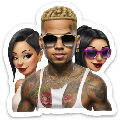 Hyper Realistic Chris Brown  wearing sunglasses with 2 female tattooed dancers sticker