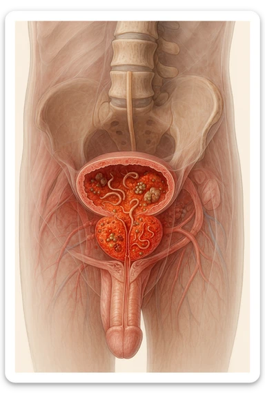 Vertical, hyper-realistic 3D cutaway illustration: the human body is shown in semi-transparent layers, exposing various types of problemi alla prostata a causa dei parassiti sticker