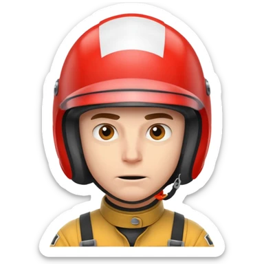 white male racer in helmet, crazy look sticker