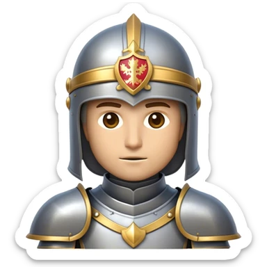 Clash of Clans aesthetic friendly Knight Portrait Emoji, With a noble, armored build featuring a gleaming suit adorned with intricate heraldry and a determined gaze behind a visored helm, his face rendered in a natural skin tone (not yellow), Simplified yet dynamic features, highly detailed, glowing with a cool, steely radiance, high shine, courageous and resolute, stylized with an air of chivalric valor, focused and stalwart, soft glowing outline, capturing the essence of a valiant knight ready to charge into epic quests with honor! sticker