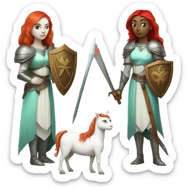 medieval shield: [politically incorrect, (
	{ female, alien, color: light green, hair:red, eyes:cat} ]
	on a 
	[{ unicorn: white, legged:four, mane: light blue }]) sticker