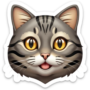 Cinematic Comical Grey and Black Brown Tabby Cat Portrait Emoji, Head tilted dramatically with an exaggeratedly shocked or offended expression, sleek grey-brown fur with bold black tabby stripes, wide amber eyes filled with exaggerated disbelief, Simplified yet hilariously expressive features, highly detailed, glowing with a slightly sassy glow, high shine, dramatic yet playful, stylized with an air of attitude, bright and endearing, soft glowing outline, capturing the essence of a sassy and over-the-top feline, so meme-worthy it feels like it could side-eye its way into internet fame instantly! sticker