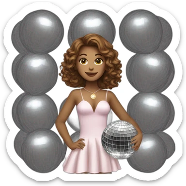 female with brown wavy hair dressed in a party dress and disco ball sticker