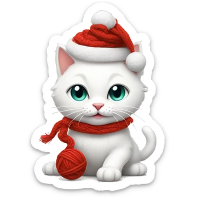 white cat wearing a christmas hat playing with a ball of red yarn sticker