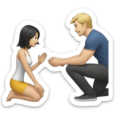 asian woman kneeling in front of a white man sticker
