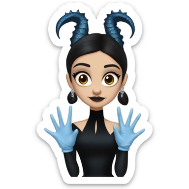 low cut back silk black evening gown with see-through gloves, Jenna Ortega as Addams woman prom queen wearing a mini tiara, very large blood blue evil-looking horned old dragon companion sticker