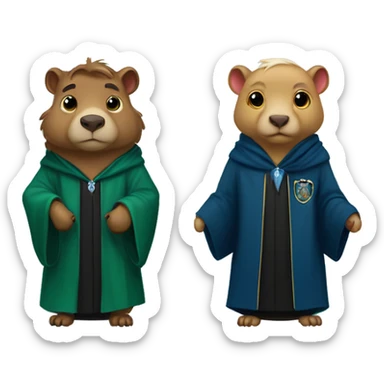 2 capybaras one with ravenclaw robe and the other with Slytherin robe sticker