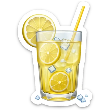 a glass of lemonade, clear glass, yellow drink, ice cubes, lemon slice sticker