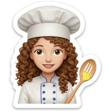 Long curly hair, happy, wearing chef uniform and chef hat sticker