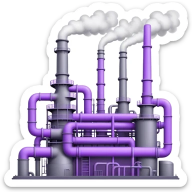 An emoji of an industrial factory in realistic gray tones, with pipes and smokestacks. Instead of smoke, soft neon violet energy or light particles flow out, symbolizing AI power and efficiency sticker