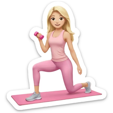 Create a young woman with long blonde hair, golden eyes, and medium-light skin tone, wearing a light pink tank top and leggings. She should be doing home worjout, with a smile sticker