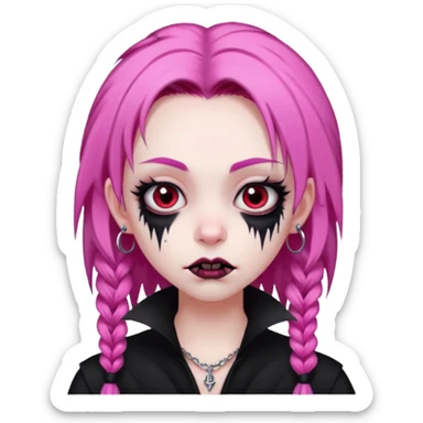 girl, pale black vampire, pink hair, very long, shaggy, dark, spooky,double eyebrow dermal piercing, creepy expression sticker
