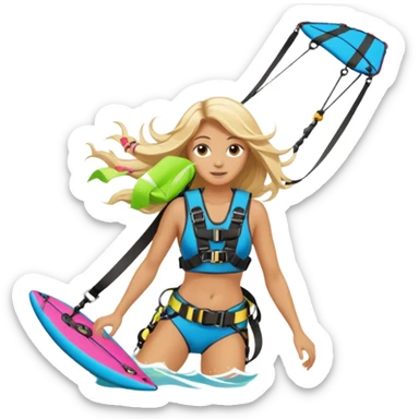 Blonde long haired ladie Kitesurfing with harness sticker
