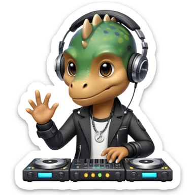 Dinosaurio muy tierno músico DJ con ropa negra futurista con nombre verexxo  sticker