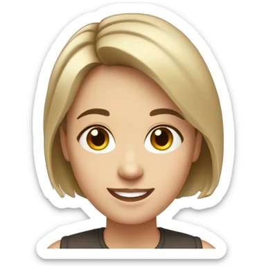 White woman with short brown hair and dark eyes. She's smiling and has a round face sticker