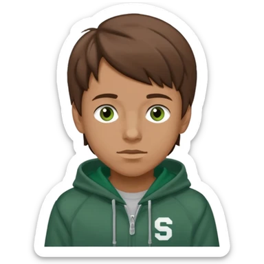 a boy with brown hair and blue eyes in a grey hoodie with forest green varsity letters that says "STURNIOLO" sticker