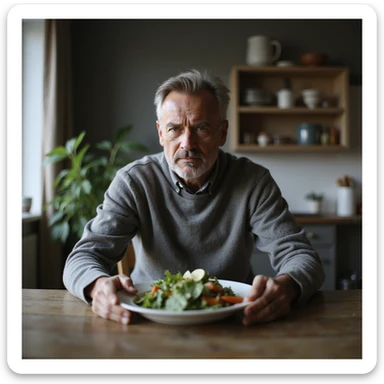 realistic 4K image of a 40-year-old man sitting at a table with a plate of salad, looking disheartened towards a scale, natural light atmosphere sticker