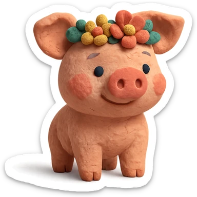 playful and cute piglet with a flower crown, textured look, claymation style sticker