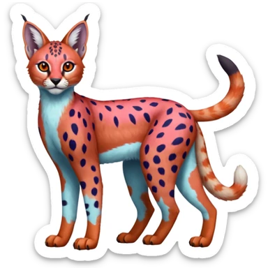 Colorful bluish cute adorable tropical exotic fruity rosy neon-red Caracal-Cheetah-Serval-Snow-Leopard-Trico-Sergal-Vernid-fusion-hybrid-animal-creature, full body, with tribal markings sticker