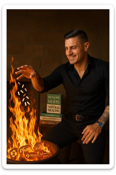 "Enlightened man throwing antidepressant pills into fireplace, flames consuming what he sees as chemical poison, expression of liberation from psychiatric medication, Big Pharma logos melting in the fire, natural healing books spread on table behind him, pharmaceutical slavery being broken through pill destruction, mental clarity returning as drugs burn" sticker