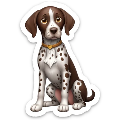 cinematic-[german pointer]-realistic-full-body-sitting-emoji,-tail-resting-loosely-beside-its-paws,-head-tilted-dramatically,-sleek-[brown and white spotten]-fur,-simplified-yet-realistic-focused-features,-highly-detailed,-glowing-with-an-almost-sarcastic-glow sticker