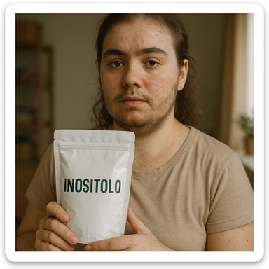 Hyperrealistic photograph of a woman with PCOS holding a package with the label 'Inositolo' clearly visible and readable. She has acne and facial hair, thin hair, and a serene expression. The setting is a domestic environment with natural light. sticker