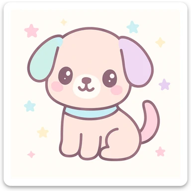 {
  "style_description": {
    "overall_look": "Cute, minimal, and soft with a friendly and playful tone",
    "material_simulation": {
      "primary_material": "flat digital color",
      "texture_detail": "smooth surfaces with no texture or shading",
      "pattern": "none or very simple decorative accents (e.g., hearts, stars)"
    },
    "geometry": {
      "edge_style": "rounded, soft curves with no sharp angles",
      "dimensionality": "flat two-dimensional appearance with simple shapes"
    },
    "color_palette": {
      "scheme": "pastel and light tones",
      "preferred_colors": ["pink", "mint", "lavender", "baby blue", "peach"],
      "contrast": "low contrast with bright accents"
    },
    "facial_features": {
      "eyes": "large, sparkly, often oval or circular",
      "mouth": "small, often a simple curve or dot",
      "expression": "joyful, innocent, or calm"
    },
    "lighting": {
      "type": "none or implied with soft highlights",
      "purpose": "maintain a clean and cheerful look"
    },
    "render_constraints": {
      "avoid": ["realistic shading", "high detail", "dark themes", "texture noise"],
      "focus_on": ["cute expression", "iconic simplicity", "emotional warmth"]
    },
    "background": {
      "color": "white or soft pastel",
      "style": "plain or patterned with simple icons (e.g., polka dots, stars)",
      "lighting_consistency": "no shadows, evenly lit feel"
    }
  }
}

{subject} = dog sticker