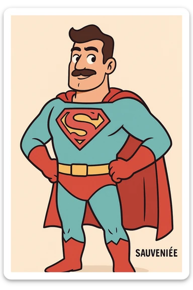 cartoon character wearing superhero costume with large S on chest, bright colors, inspired by Superman logo, representing Sauvenière sticker
