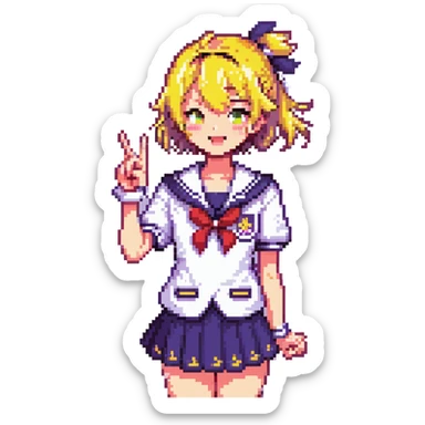 Pixel art anime girl with short bright yellow hair wearing Japanese sailor style school uniform, making victory peace signs with both hands, winking happily with excited expression sticker