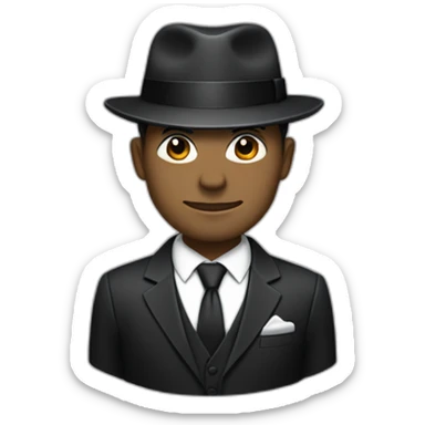 A cobalt black/grey skined man wearing a black formal suit with a black tie, wearing a fedora with a white accent color and no pupils. sticker